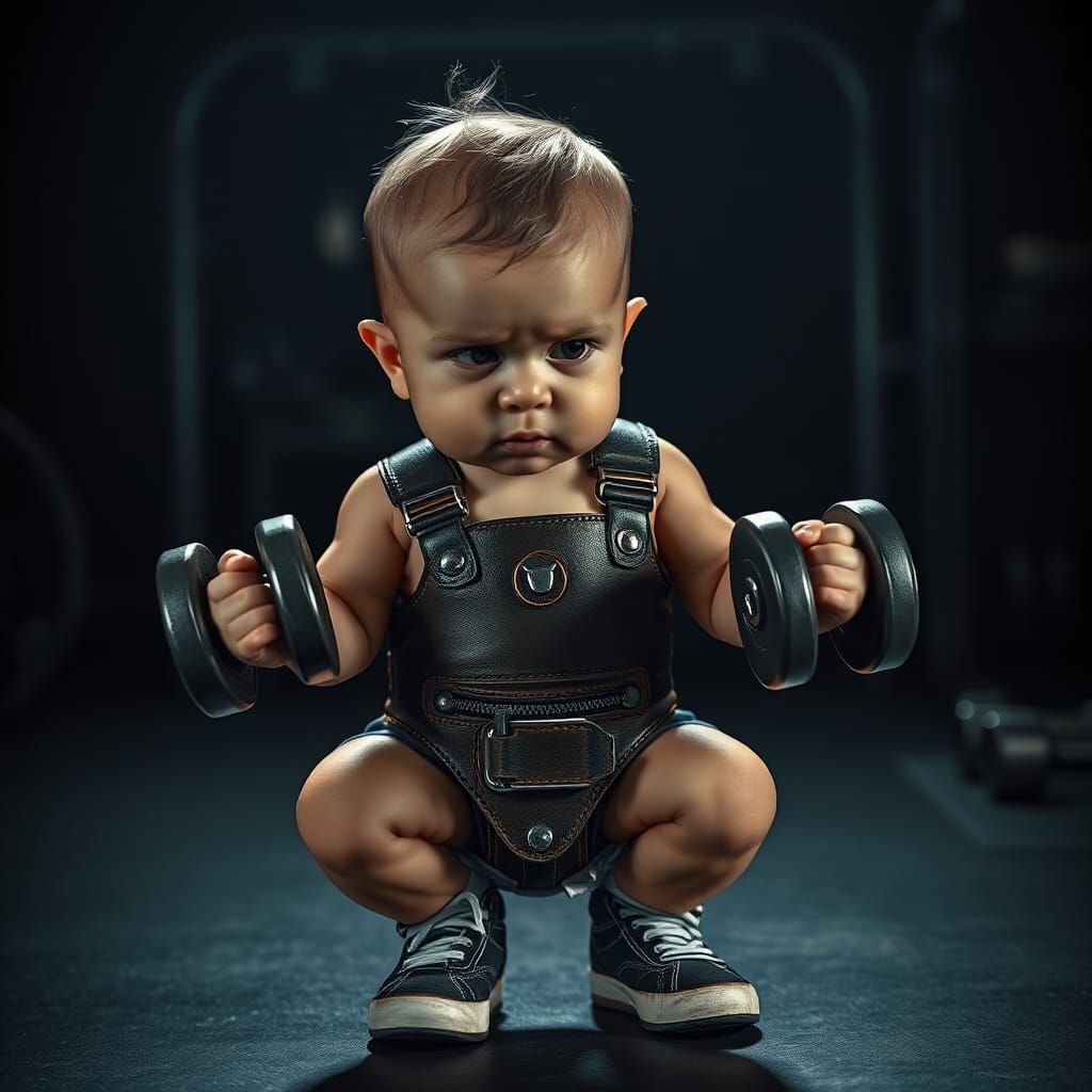 Baby Weightlifter in Gritty Industrial Gym