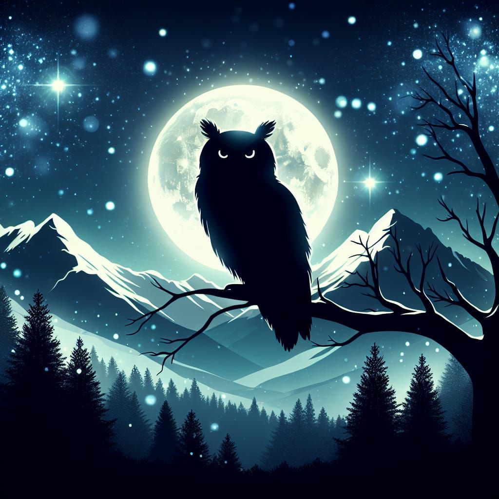 Moonlit Owl Majestically Sits in Winter Wonderland