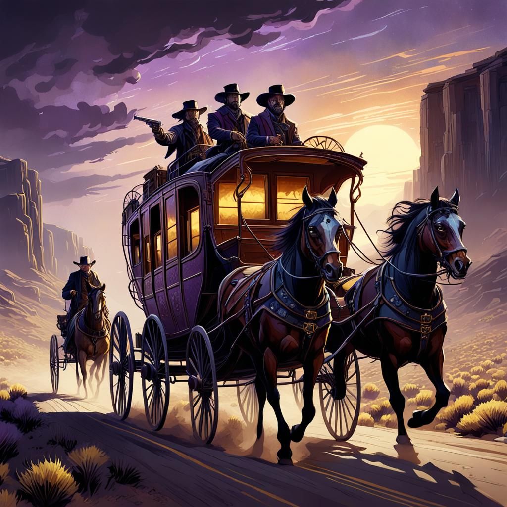 Outlaws Robbing Stagecoach: Dark Fantasy Western Art