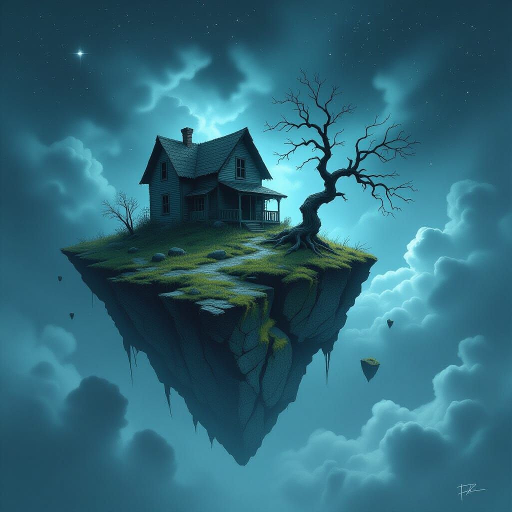 Dilapidated Farmhouse on Floating Rock in Starry Sky