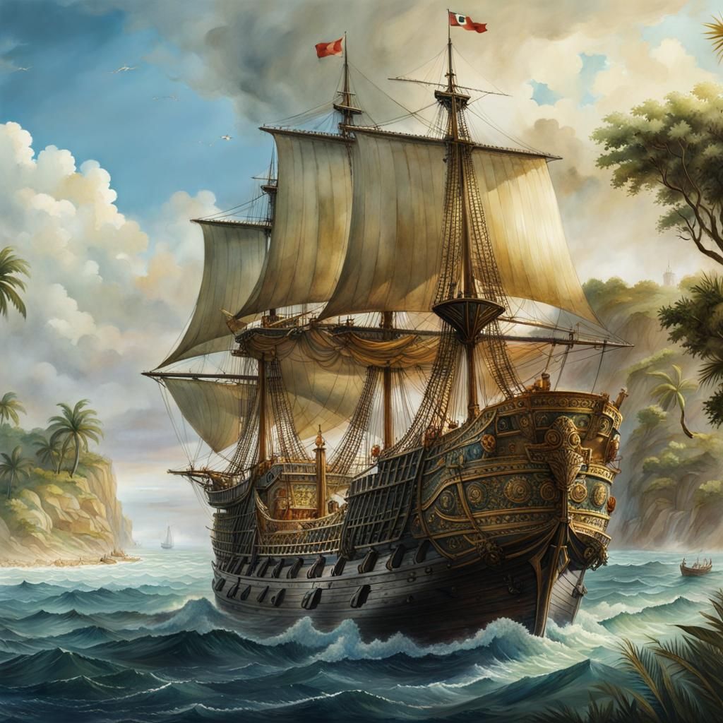 Colonists Arriving in Barbados: Watercolor Painting