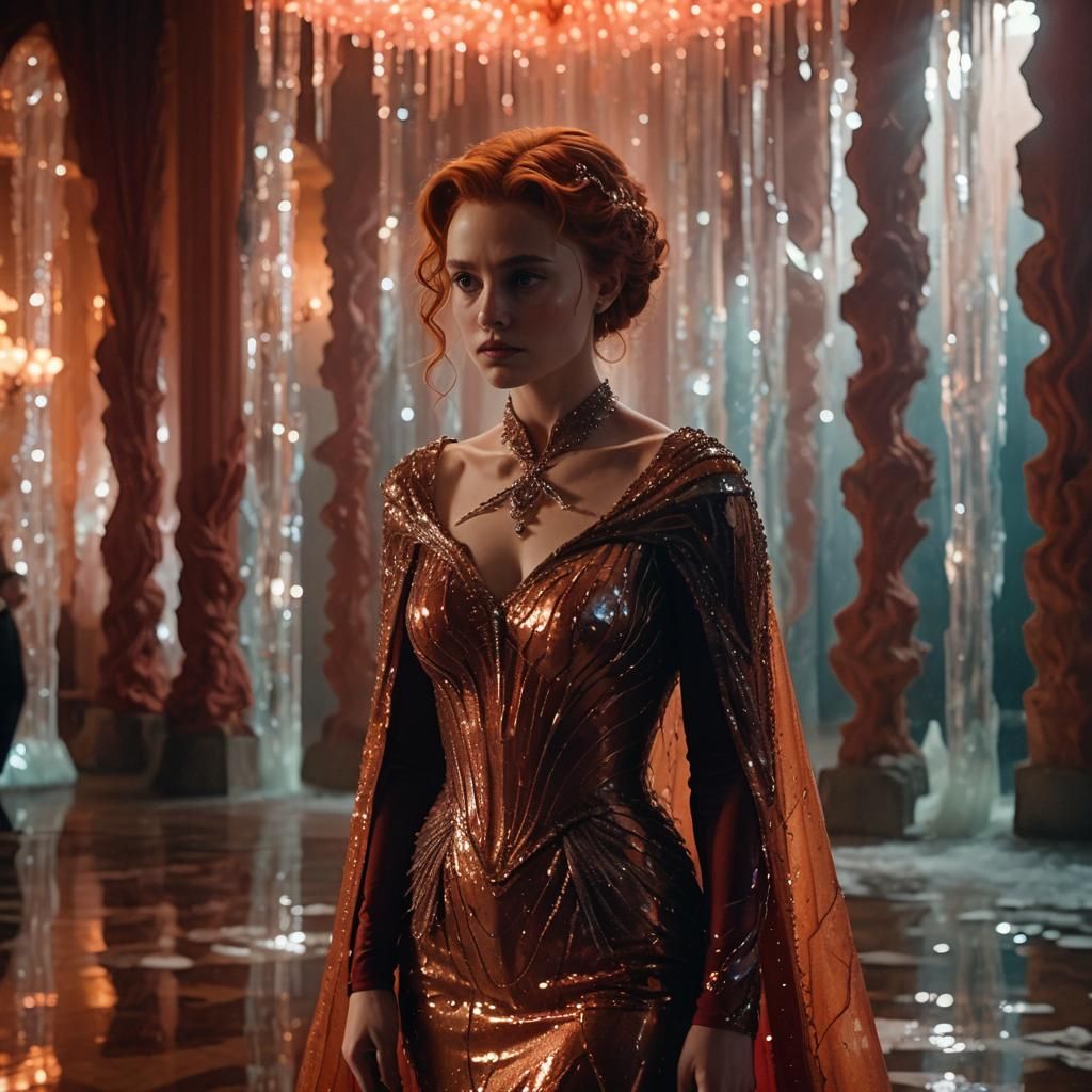 Woman in Ballroom with Mermaid Dress, Cinematic Lighting