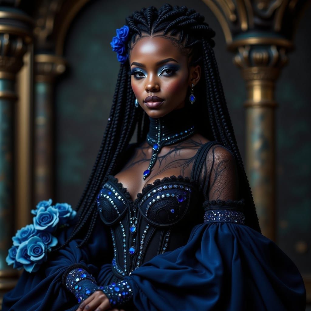 Gothic Princess with Blue Roses and Crystals