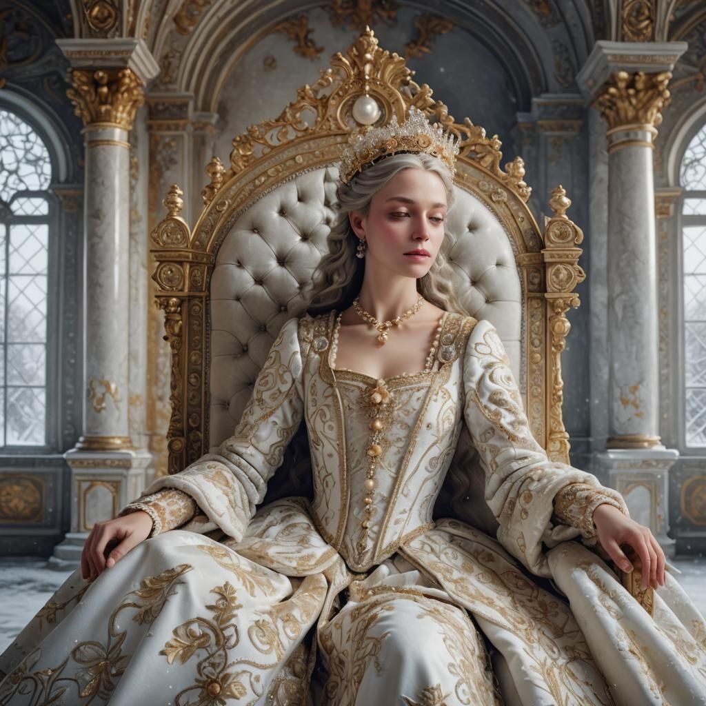 Renaissance Queen Sleeping on Throne in Snowy Palace