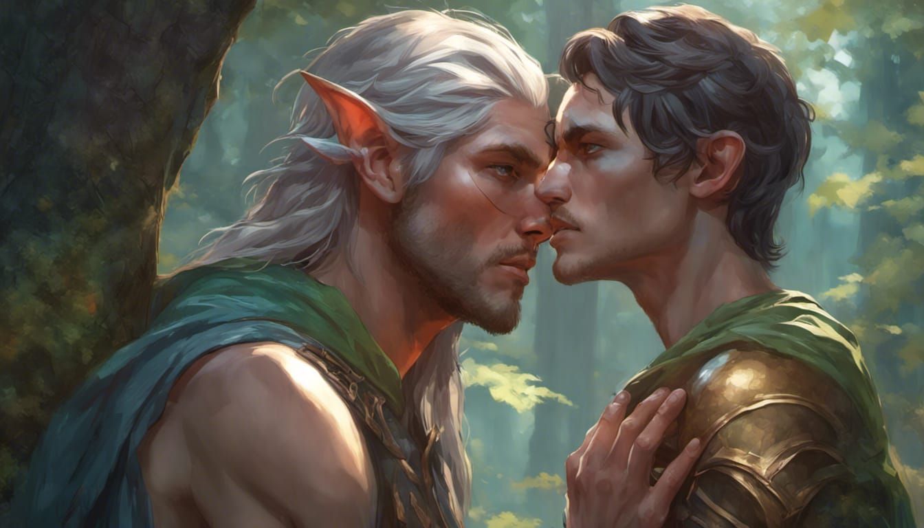 Elven Man Kissing Human in Forest: Hyperdetailed Portrait