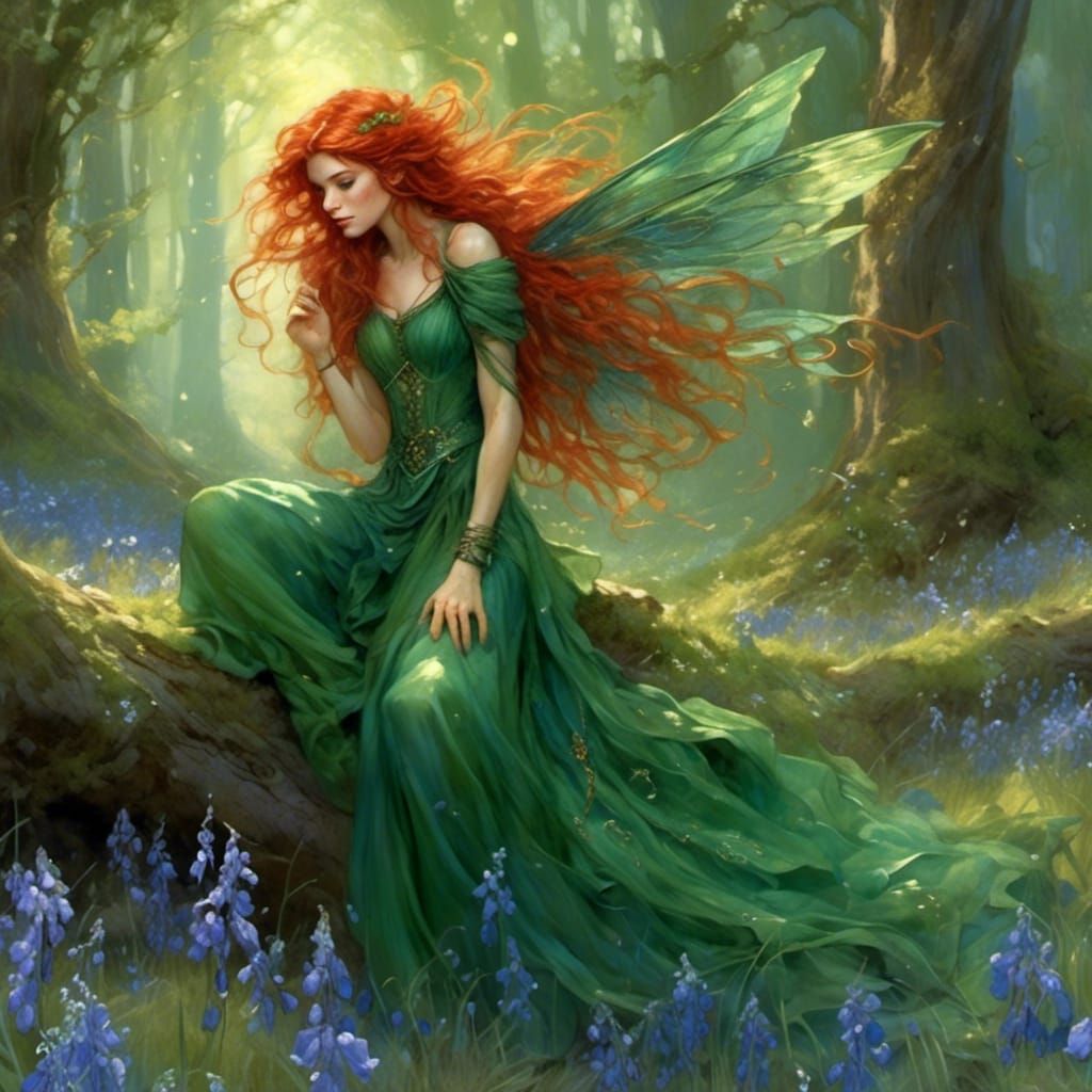 Red-Haired Fairy with Wings in Bluebell Field