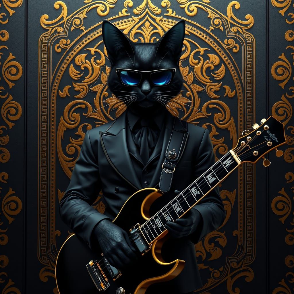 Sleek Feline Rockstar in Ancient Mythological Aesthetic