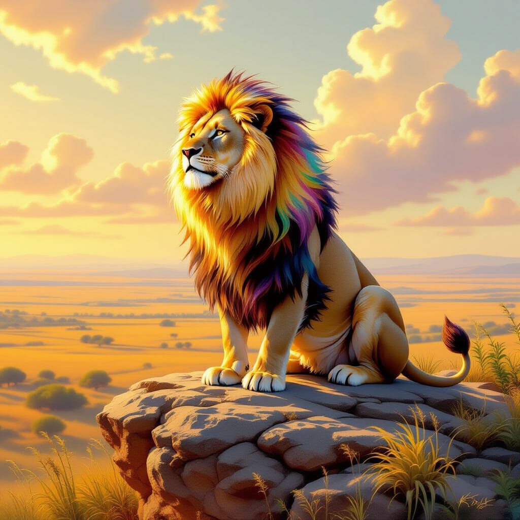 Iridescent Lion Overlooking Savannah in Fantasy Style