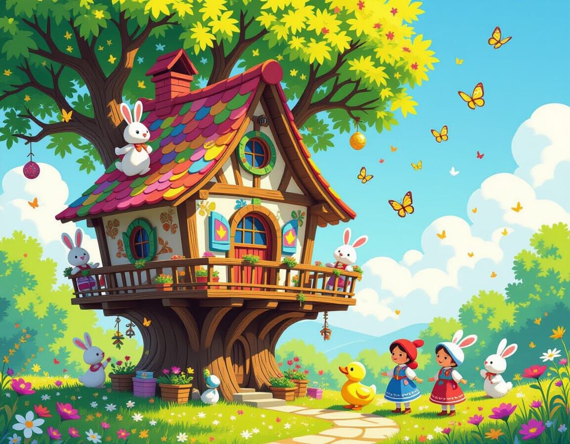 Whimsical Treehouse with Rabbits in Storybook Style