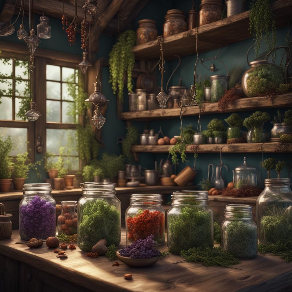 Boho kitchen, botanical herbs in jars, witchy feeling, cute, cozy, ultra detailed, detailed matte painting, deep color, ...