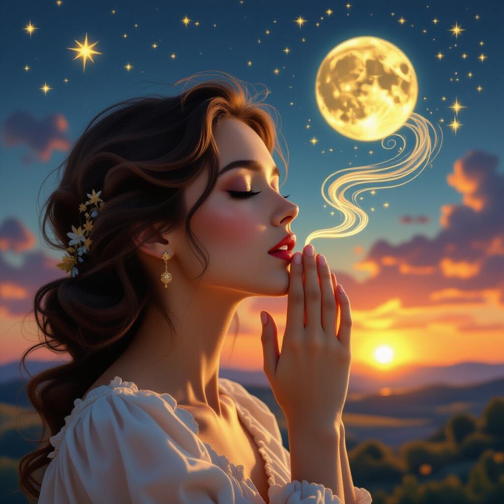 Dreaming Woman with Stars, in Surrealist Style