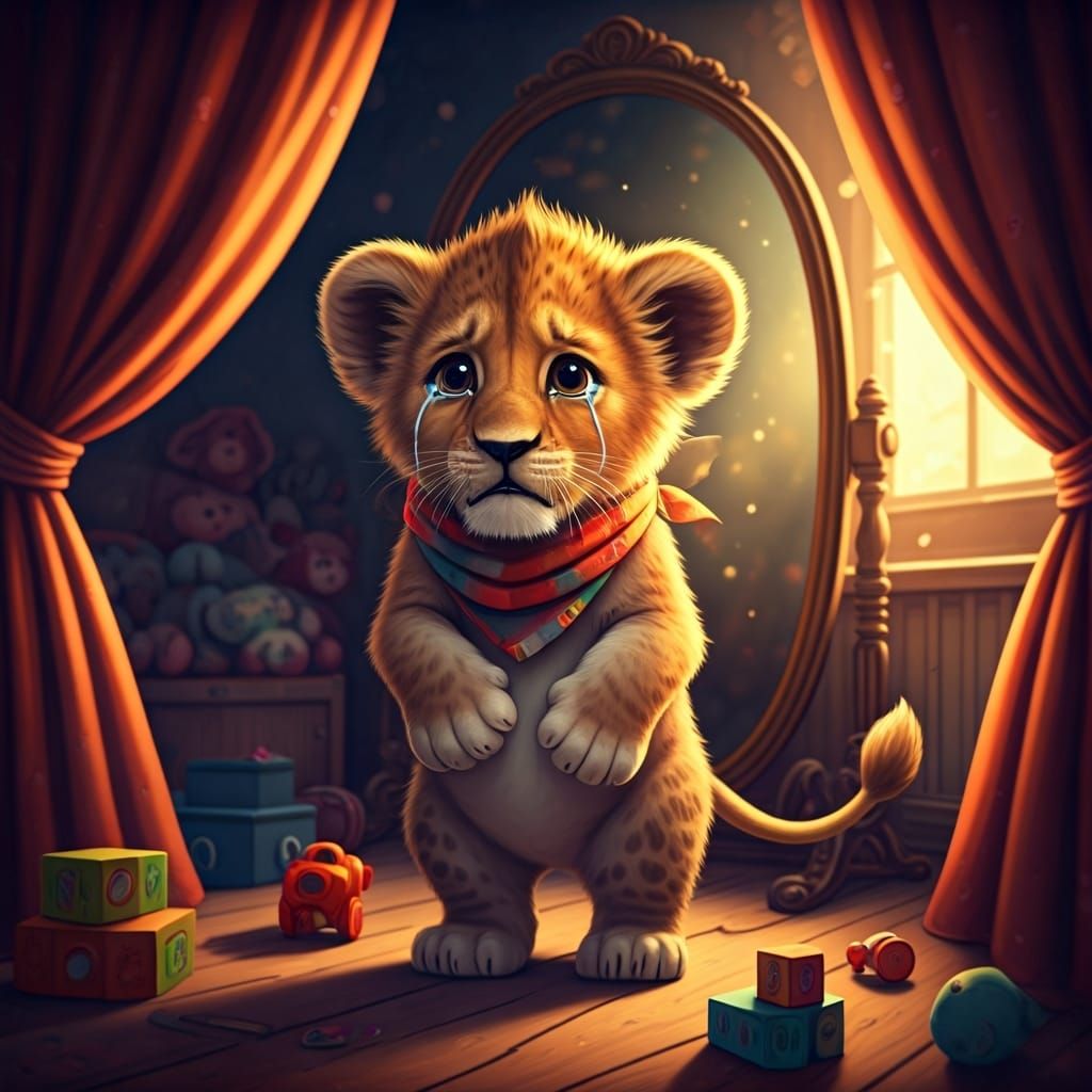 Dramatic Lion Cub in Child's Room, Cartoon Style