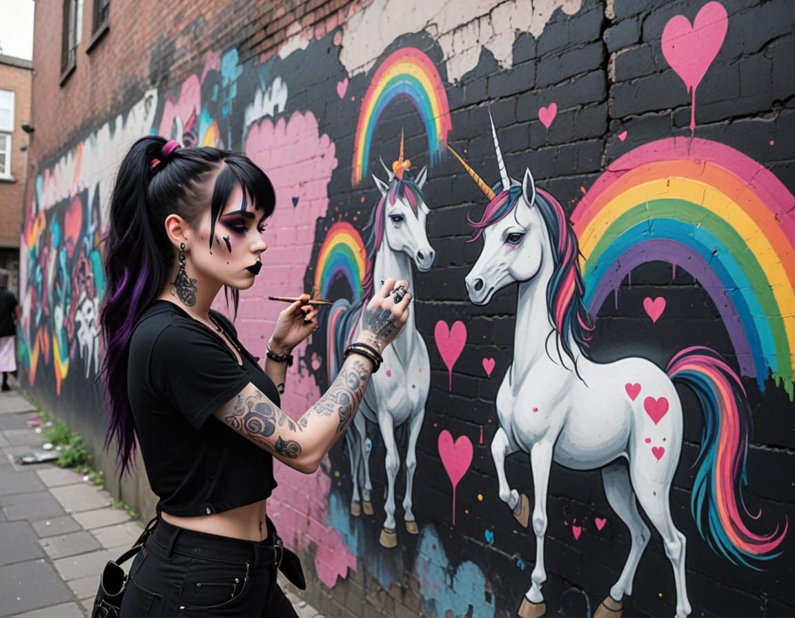 Goth Girl Bomb Painting Unicorns on Alley Wall