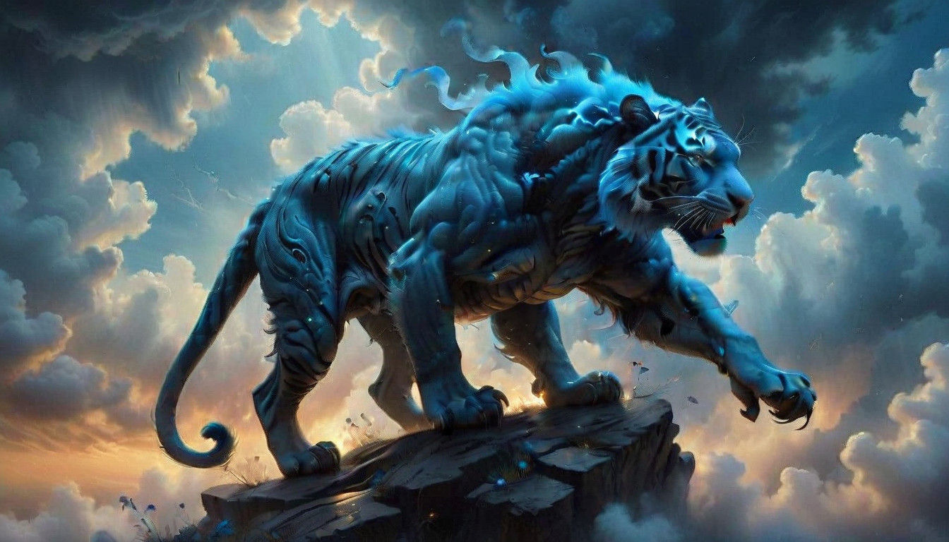 Photorealistic Tiger Adorned with Iridescent Pearls and Radi...