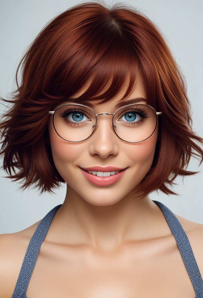 Blue eyes, beauty smile, auburn hair, she wear eyeglasses