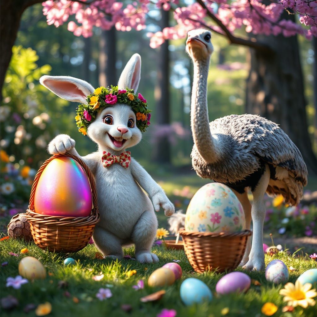 Joyful Easter Bunny Marvels at Gigantic Iridescent Ostrich E...