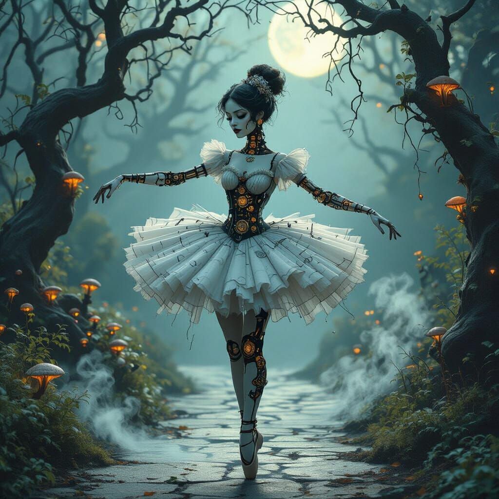 Automaton Ballerina Pirouettes in Moonlit Gothic Garden