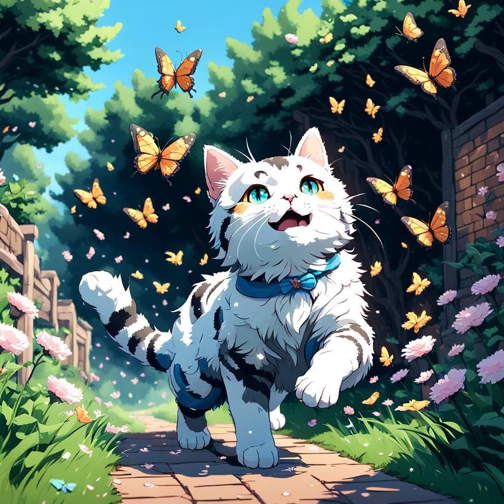 Pixel Art Cat Chasing Butterflies in Anime Style