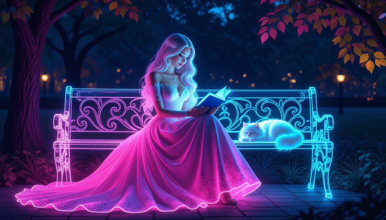 Pink Glass Fantasy Girl in Gothic Dress with Glowing Cat