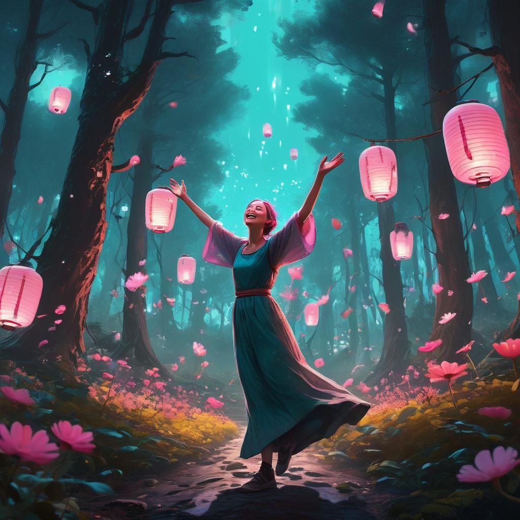 Joyful Woman Dancing in Mystical Forest: Fantasy Art