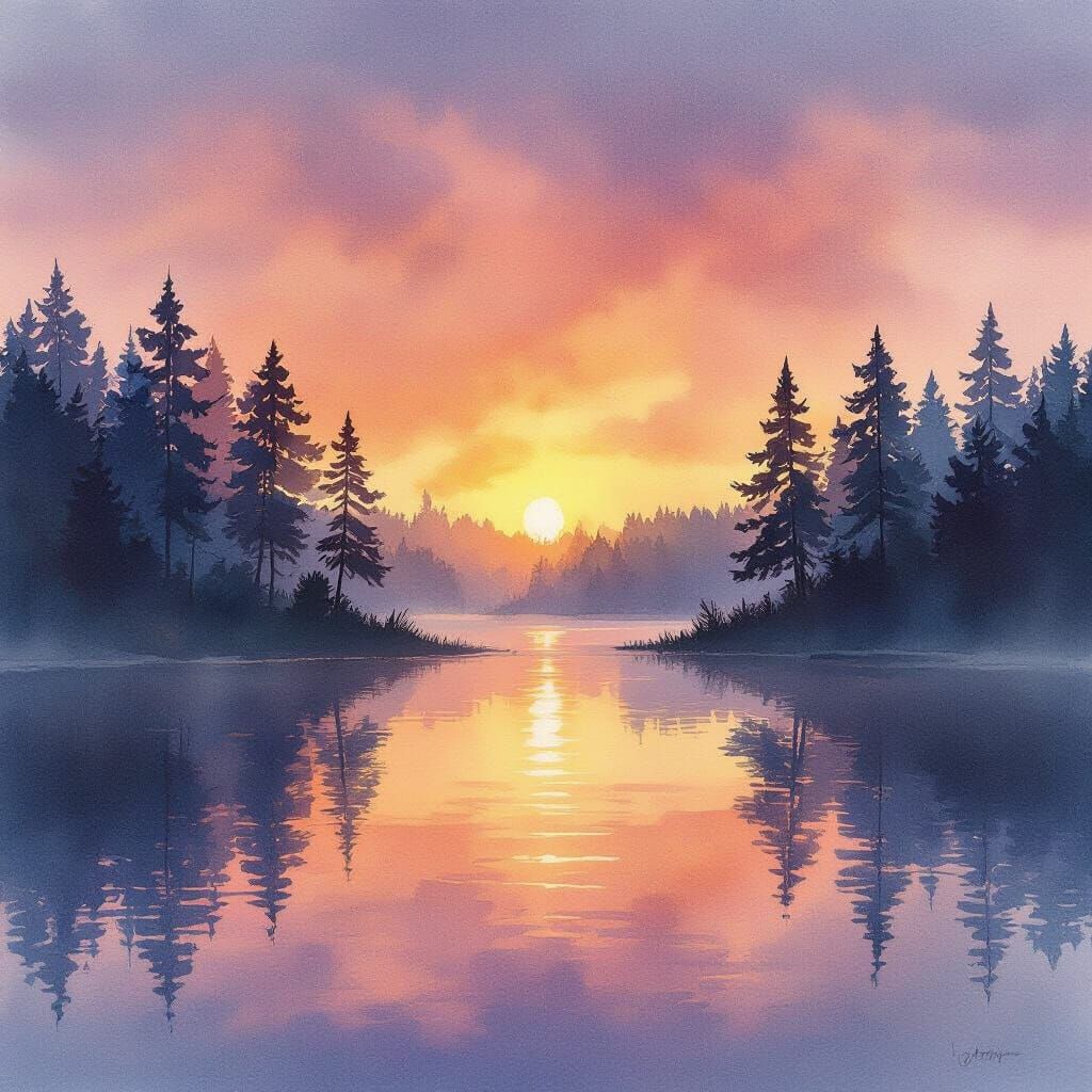 Dreamy Forest Lake Sunset Watercolor