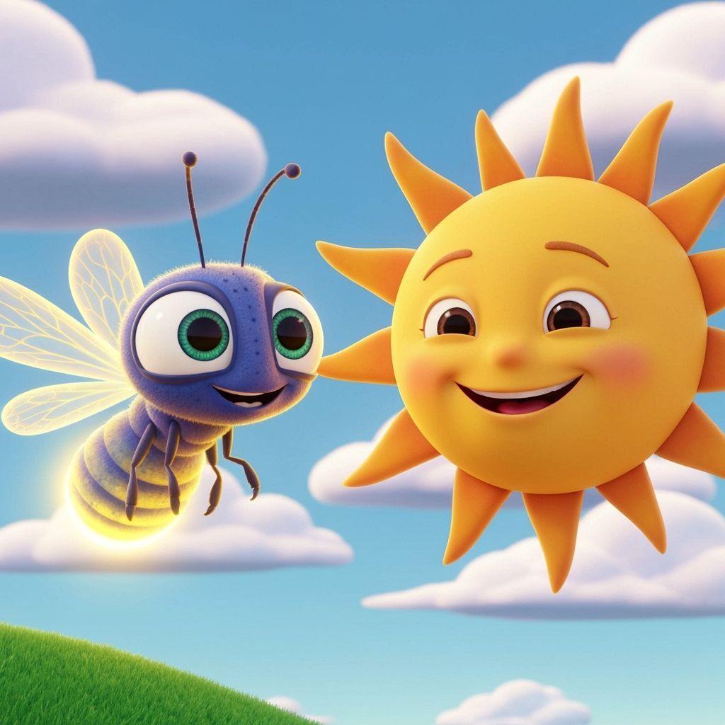 Pixar-Style Firefly and Sun in Cheerful 3D Scene