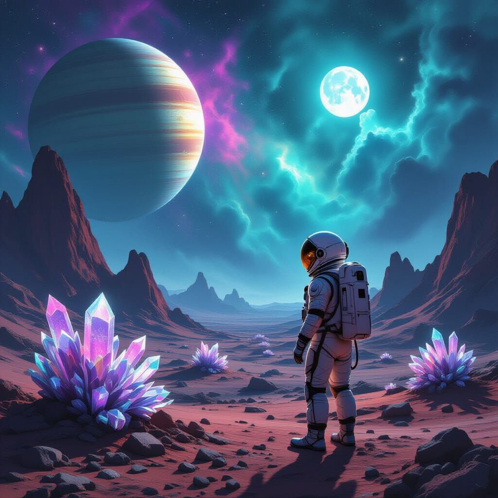 Astronaut on Alien Planet Gazing at Ringed Gas Giant