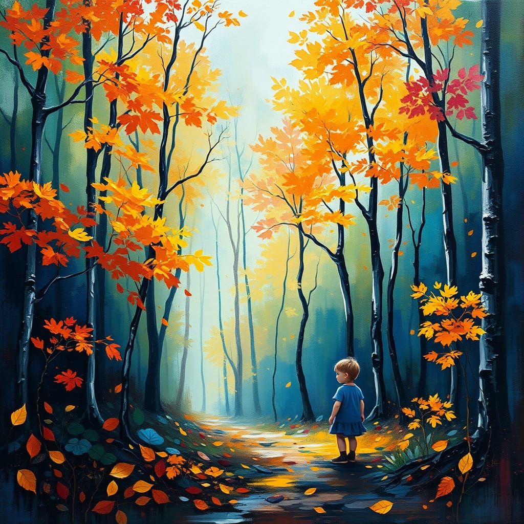 Ethereal Autumn Child: Neo-Impressionist Oil Painting