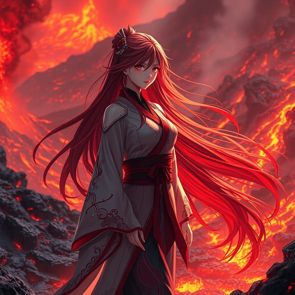 Anime Woman in Volcanic Landscape, Futuristic Kimono