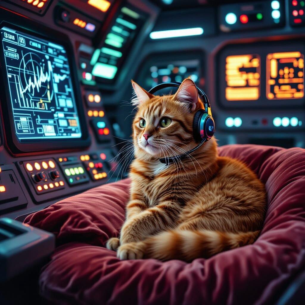 Ginger Cat in Spaceship Control Room, Wes Anderson Style