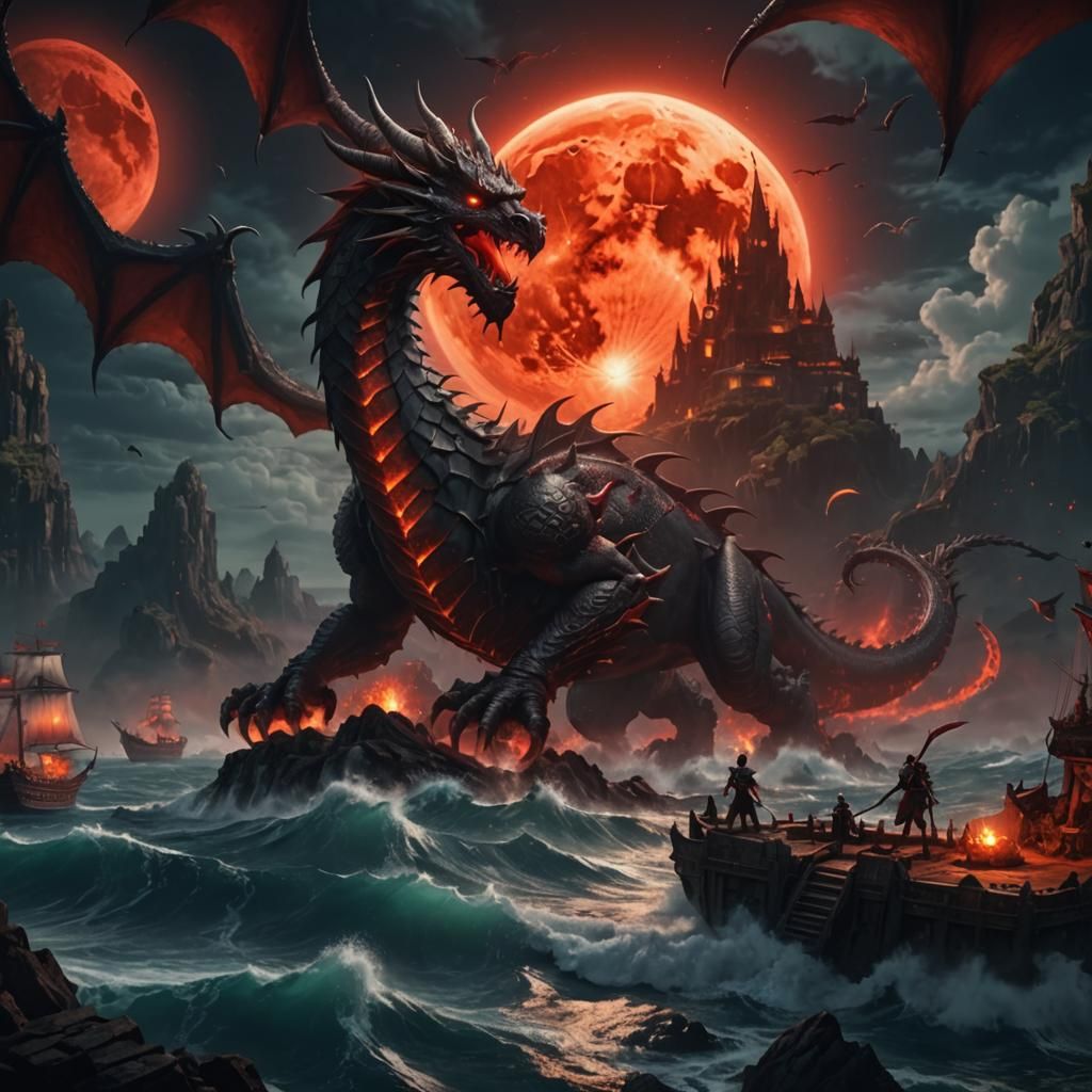 Blood Moon Kingdom: Dragon and Ocean Fantasy Art