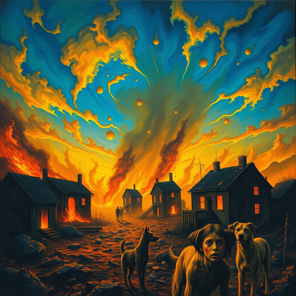 War-Torn Houses with Crying Children in Surreal Style