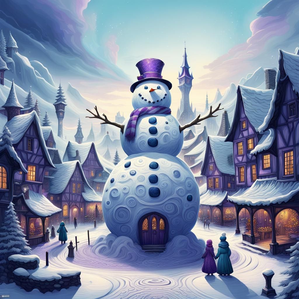 Mythical Snowman in Village Square, Fantasy Art