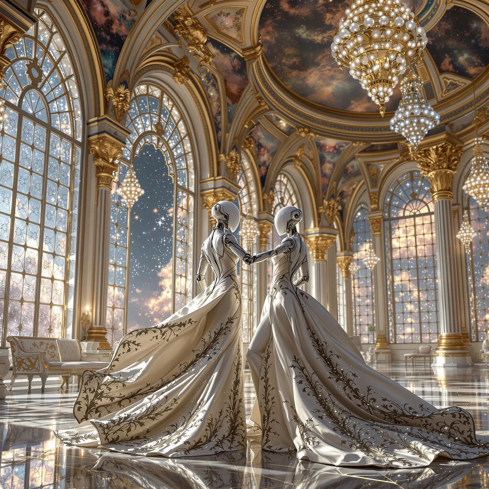 Elegant Android Courtiers in Cosmic Ballroom