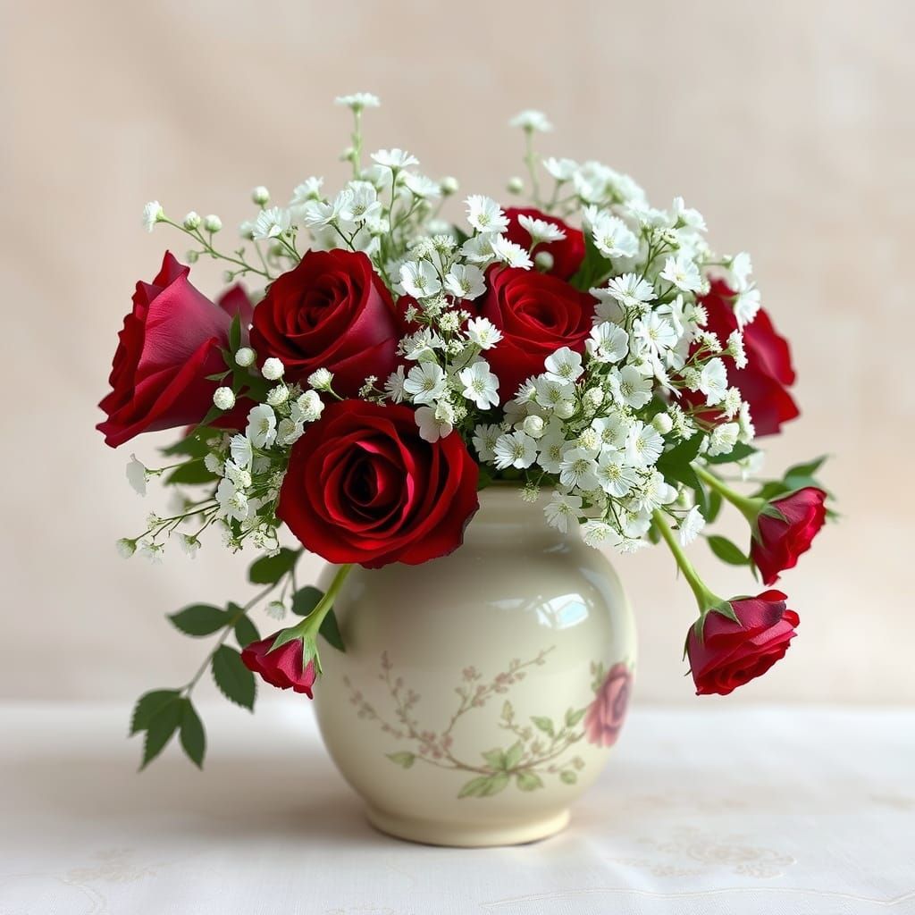 Creamy White Ceramic Vase with Red Roses and Gypsophila in a...