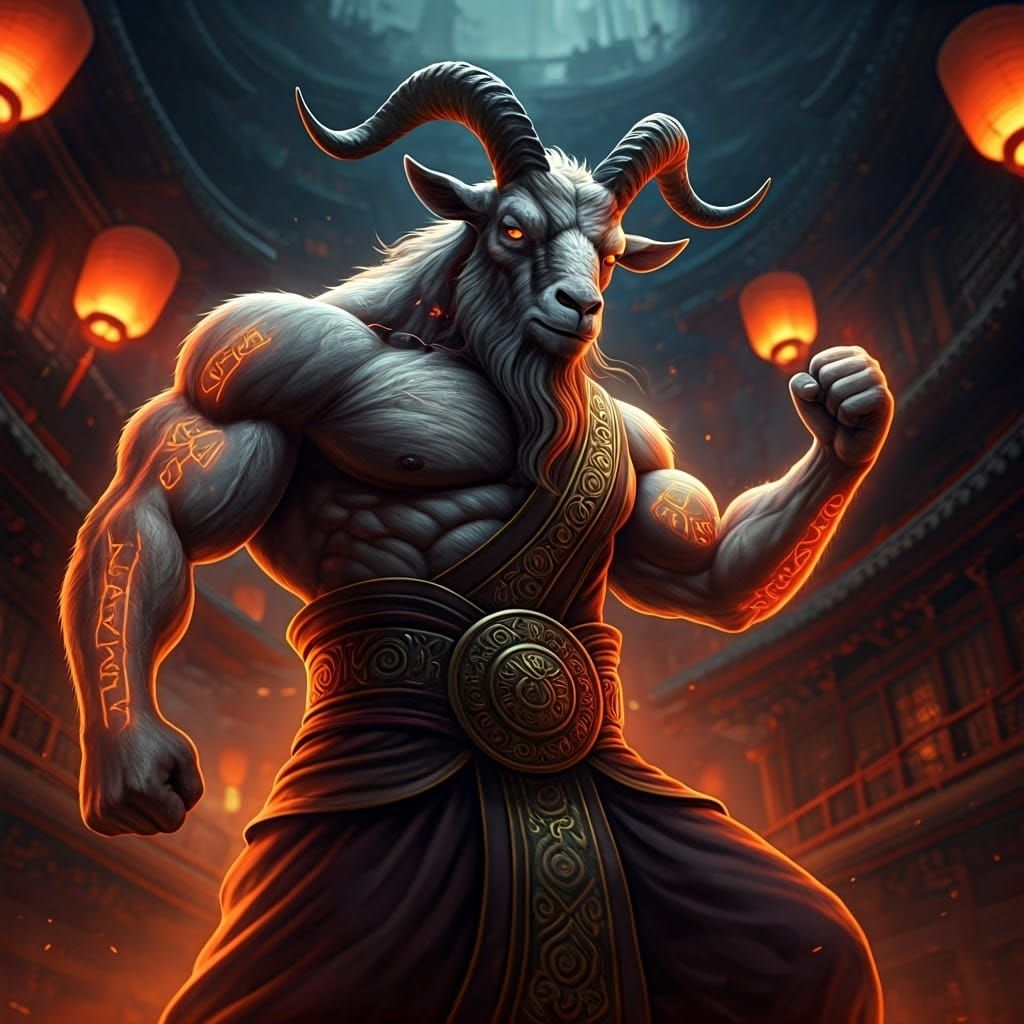 Shamanic Goat Warrior in Neon-Infused Fantasy