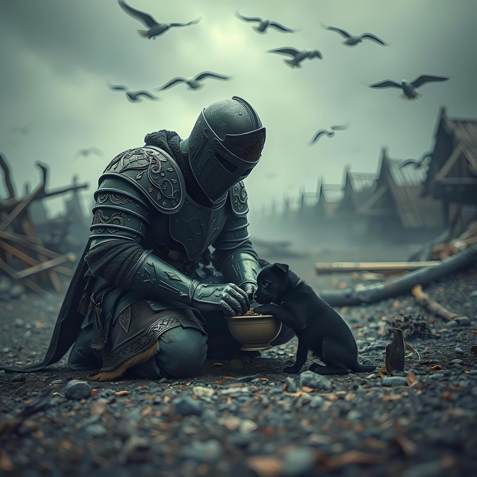 Knight Feeds Puppy in War Zone: Gothic Art