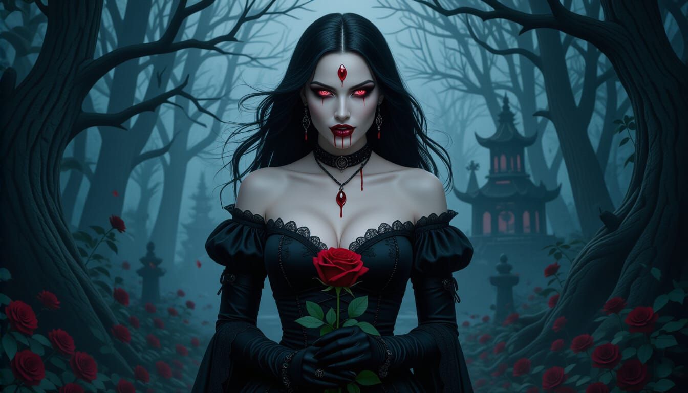 Vampire Queen with Blood Stone in Gothic Forest