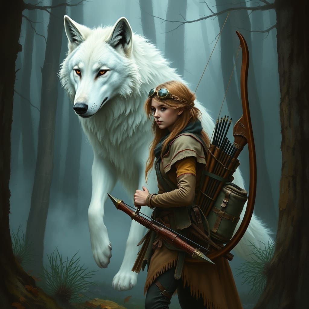 Mystical White Wolf Protects Hunter in Enchanted Forest