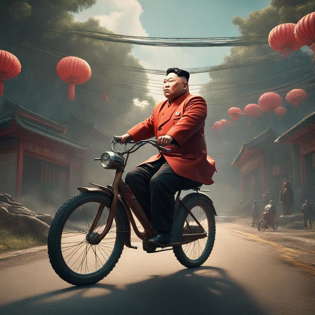 Kim Jong-Un Rides Bicycle in Detailed Matte Painting