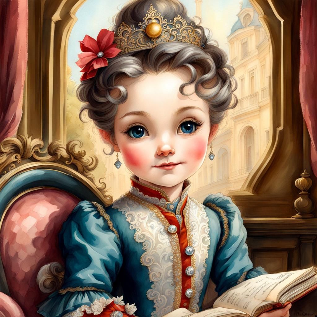 Painting of a cute 18th-century princess girl reading a book
