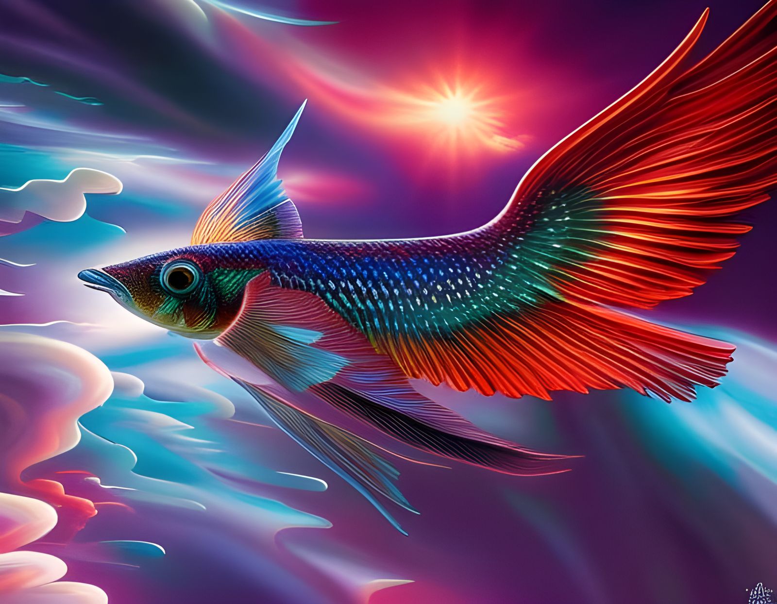 Flying Angelic Betta Fish in Comic Book Style