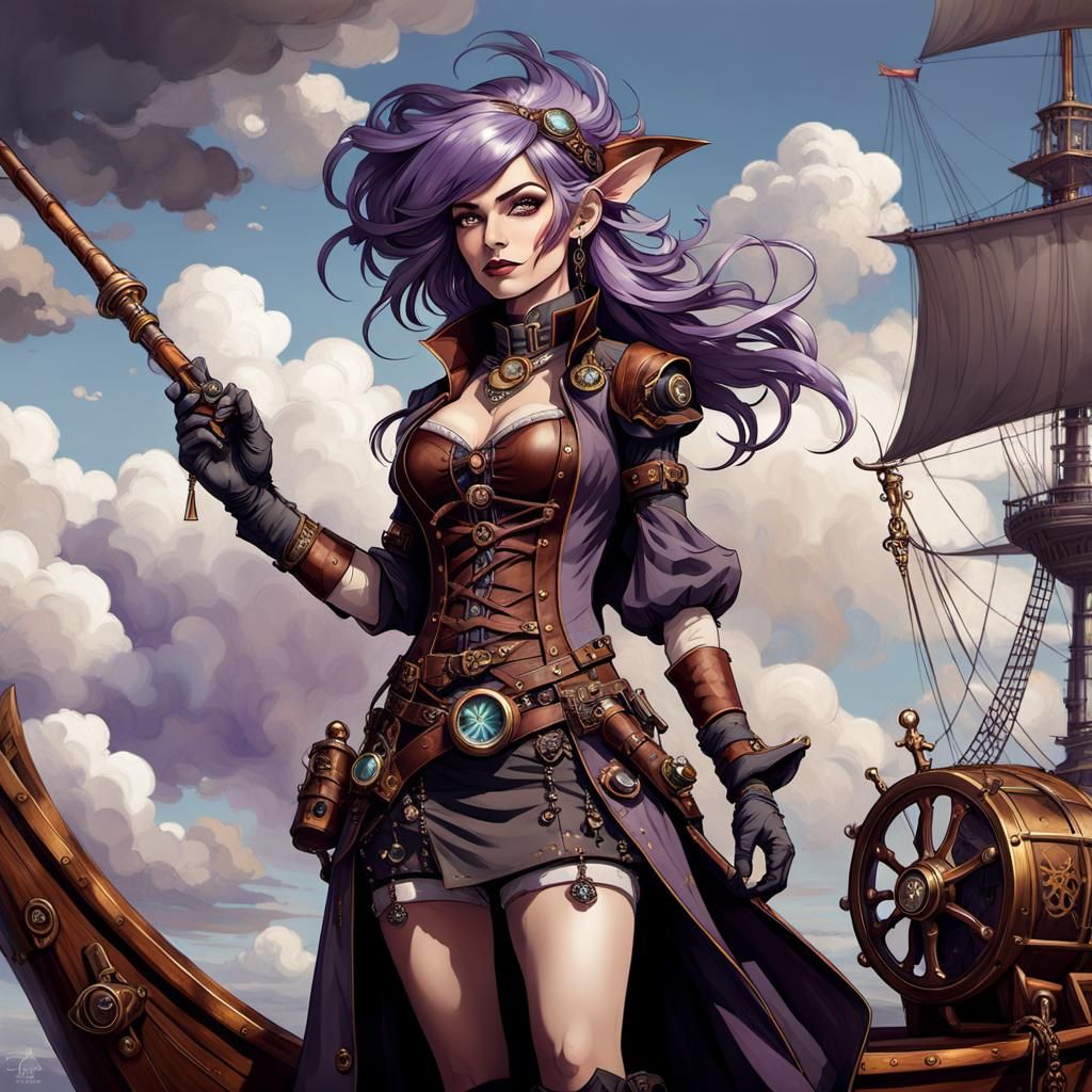 Steampunk Gnome Woman on Pirate Ship Deck