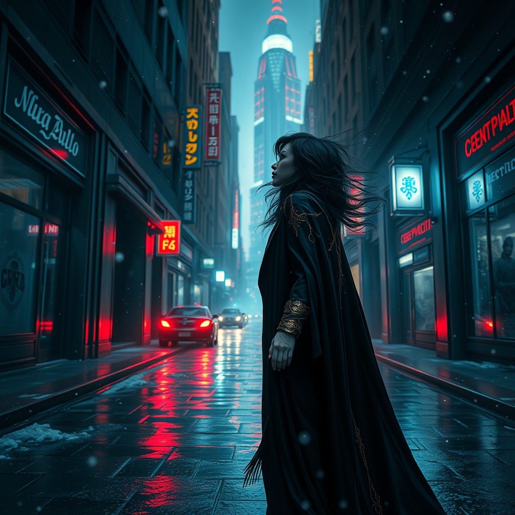 Cyberpunk Vampire Goddess in Snowy Cityscape