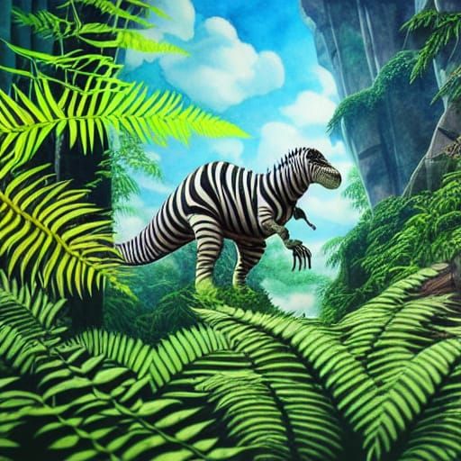 Zebra-Striped Dinosaur in Watercolor Landscape