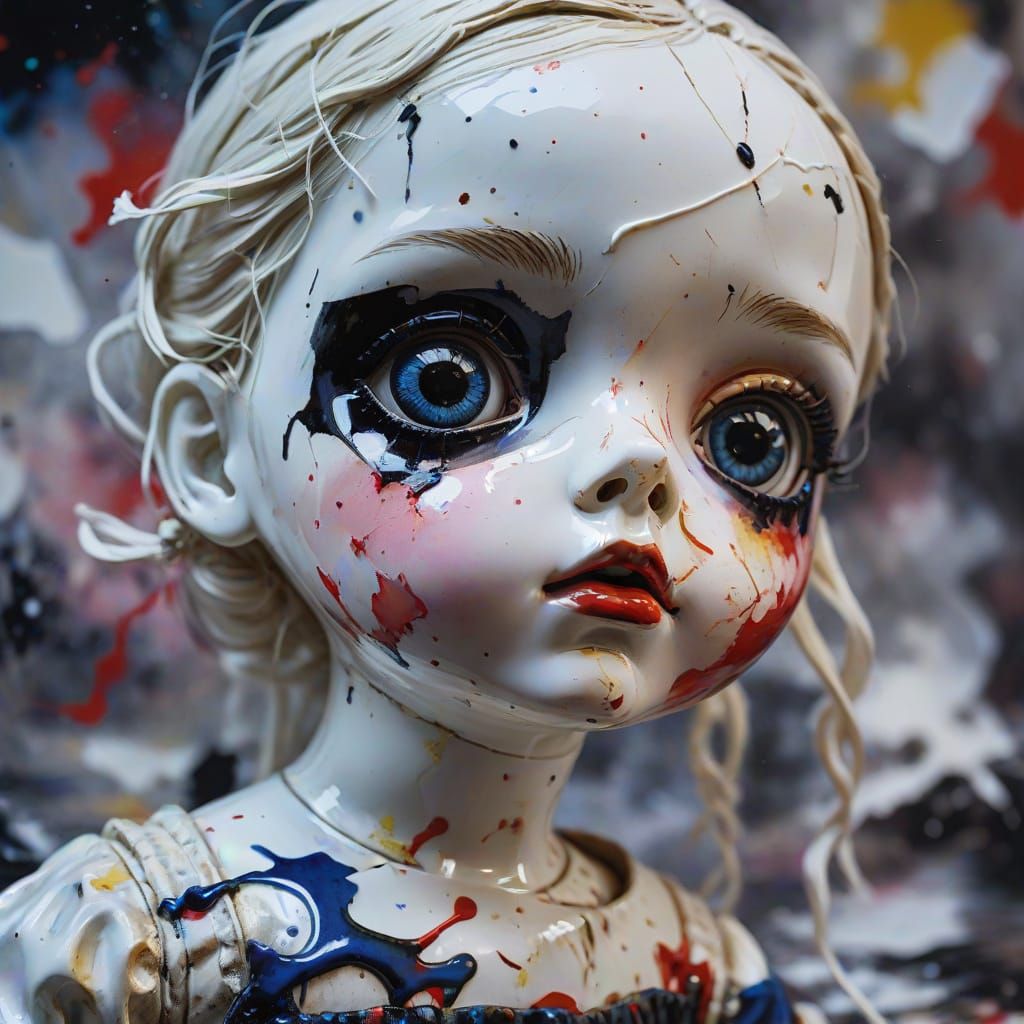 Haunting Porcelain Doll Weeping Ink in Abstract Expressionis...