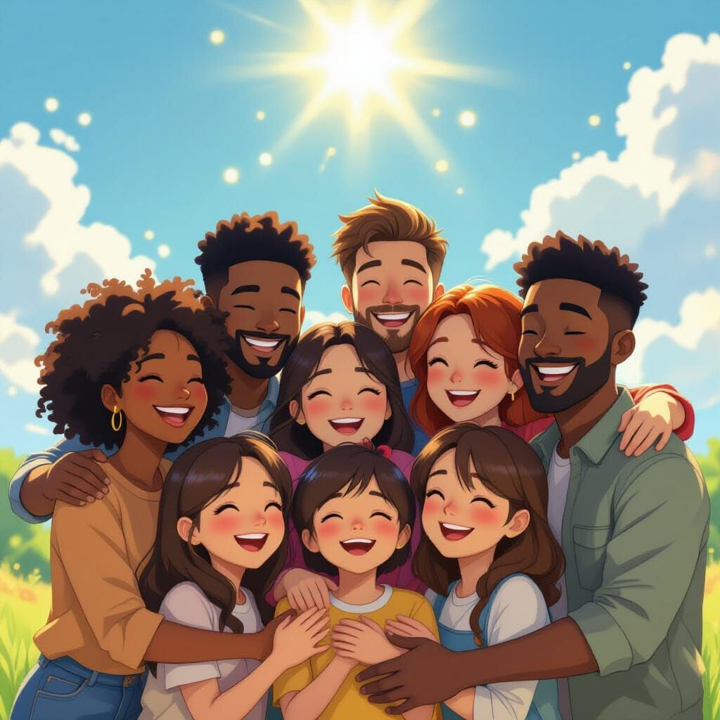 Diverse Group Embraces Hopeful Future in 3D Anime Style