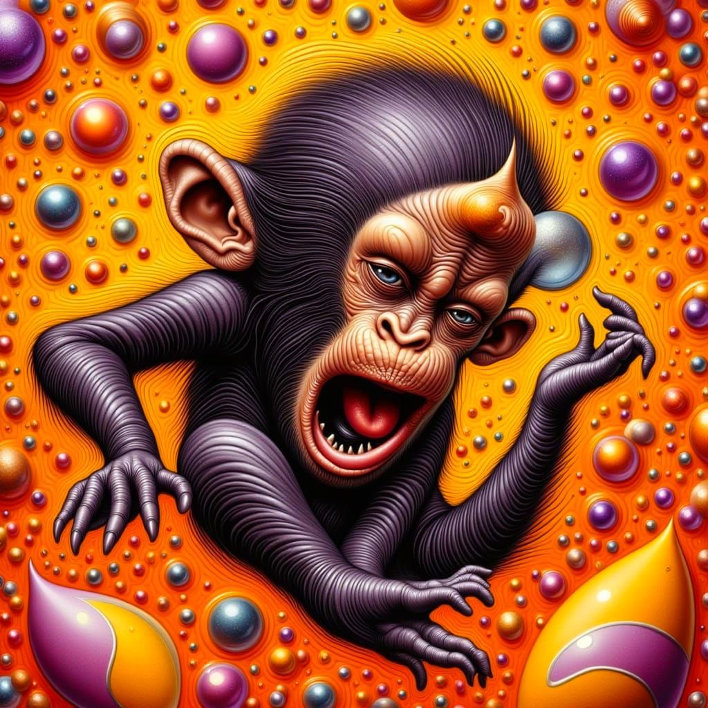 Surreal Baby Chimpanzee Dissolves into Cosmic Polka Dots