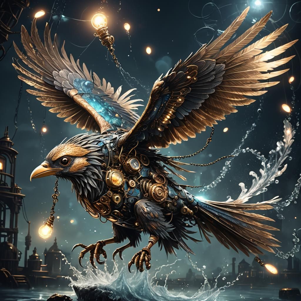 Phoenix of Water and Light Soaring in Steampunk Sky