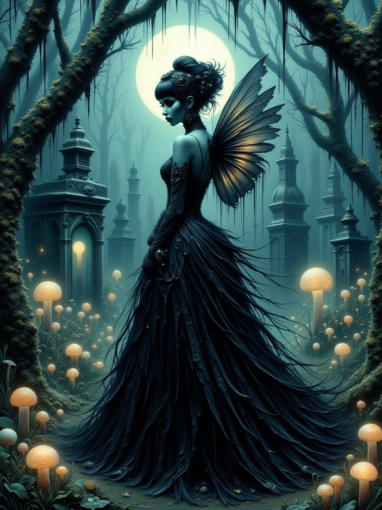 Gothic Fairy at Midnight Ball in Moonlit Graveyard